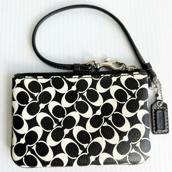 Coach Black and Cream Signature Wristlet Zip Closure Silver Hardware Blue Lining - Picture 5 of 6